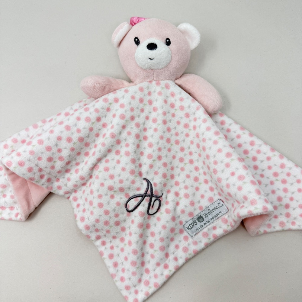 Kids Preferred Pink Bear Lovey Floral Security Blanket Letter A Embroidery